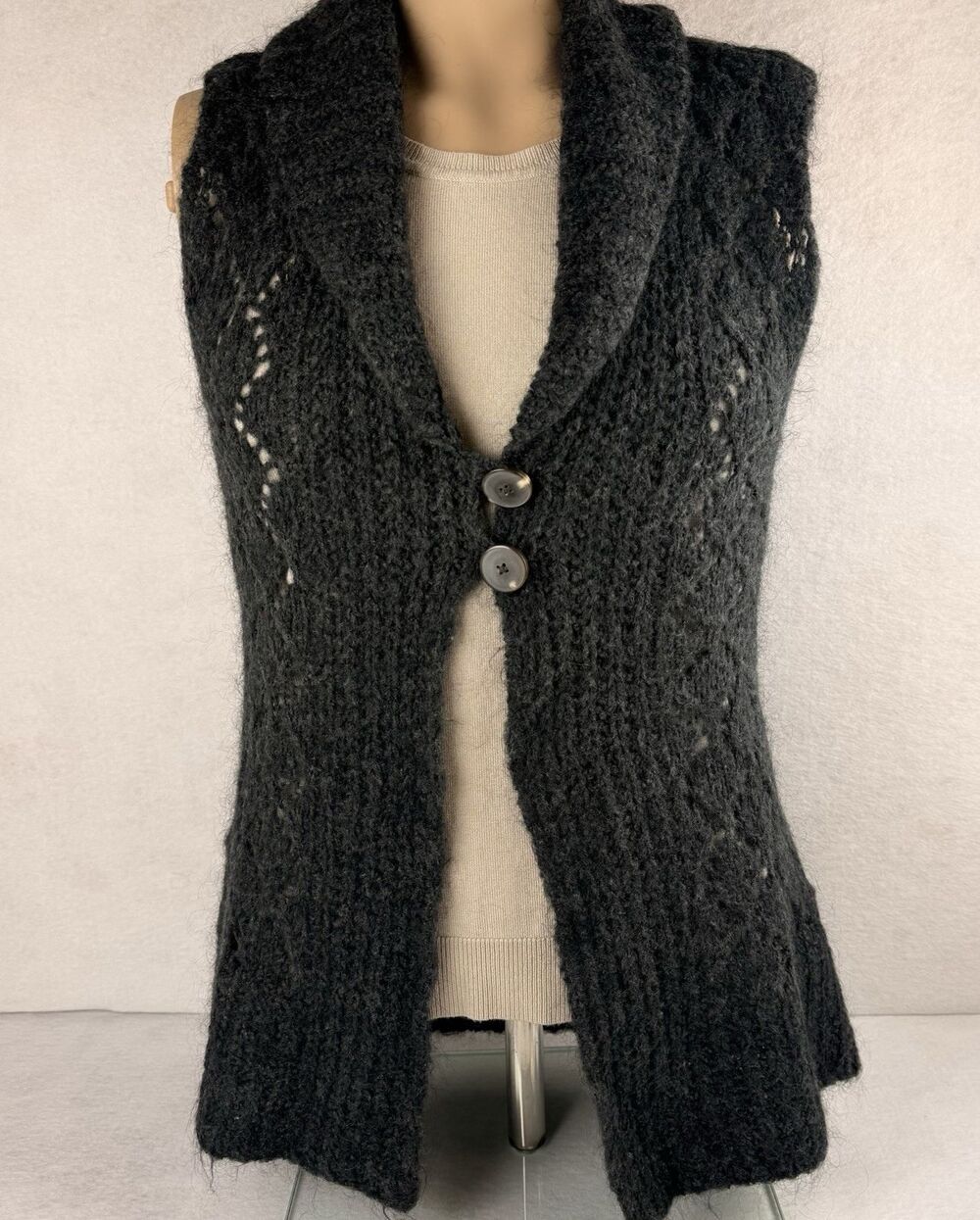 Eddie Bauer Hand Knit Mohair Blend Sweater Vest Cardigan Shawl Collar Gray M